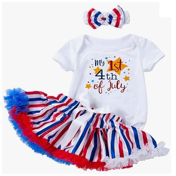 My 1st 4th of July Outfit 3PCS Tutu Skirt Set, Short Sleeve Romper w/Tulle Skirt - Picture 1 of 11